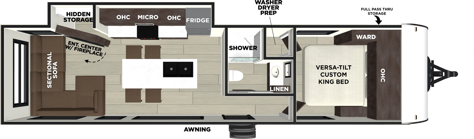 The Wildwood 280ZEN floorplan has one entry and one slide out. Exterior features include: fiberglass exterior. Interiors features include: kitchen island, front bedroom and rear living.